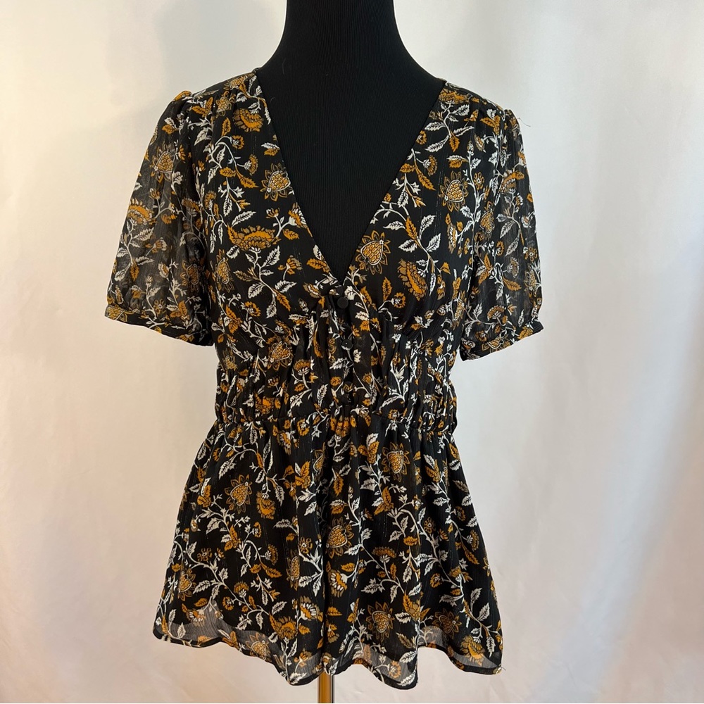 Michael Kors Top Floral Print Ruffle Short Sleeve Blouse Womans Size S Small